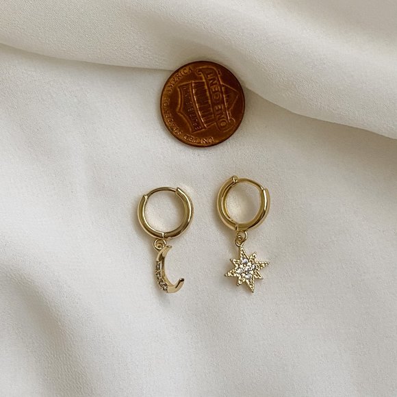 Gold S925 Northern Star Moon Huggie Hoop Earrings - Picture 9 of 9